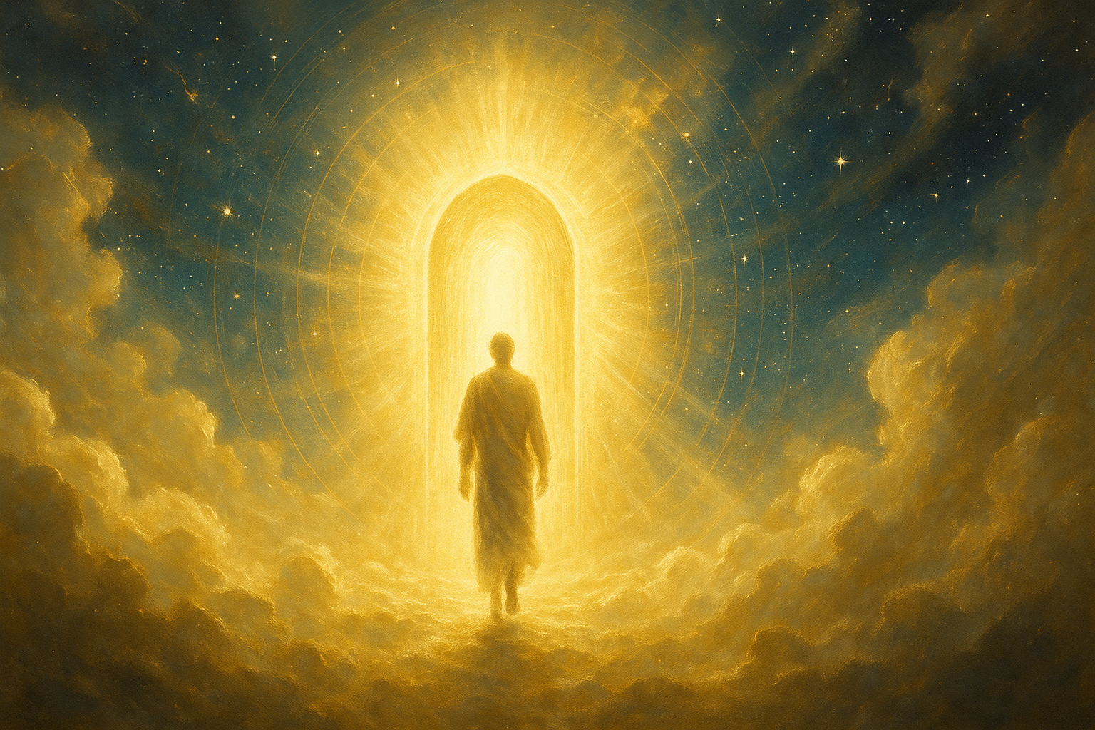 Illustration symbolique de la Porte intérieure : lumière divine traversant un espace sacré, évoquant l’éveil spirituel, la paix intérieure et l’unité avec Dieu.
