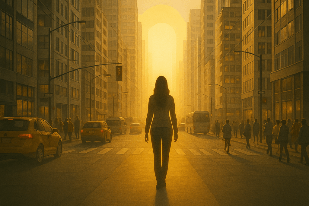 Silhouette d’une personne marchant dans une rue de ville animée au coucher du soleil, entourée d’immeubles et de passants, avançant vers une lumière dorée symbolisant l’éveil intérieur et le sens de la vie.