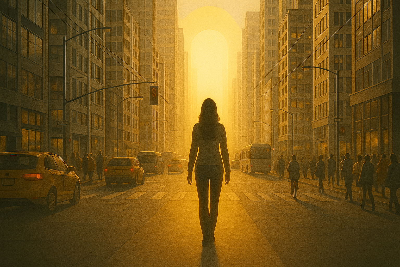 Silhouette d’une personne marchant dans une rue de ville animée au coucher du soleil, entourée d’immeubles et de passants, avançant vers une lumière dorée symbolisant l’éveil intérieur et le sens de la vie.