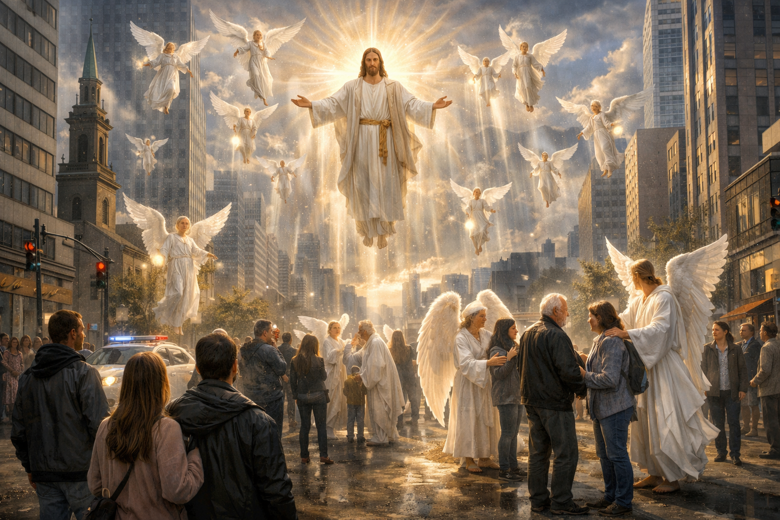 Jésus et les légions célestes apparaissant dans une ville moderne pour enseigner le Christ et la paix aux hommes.