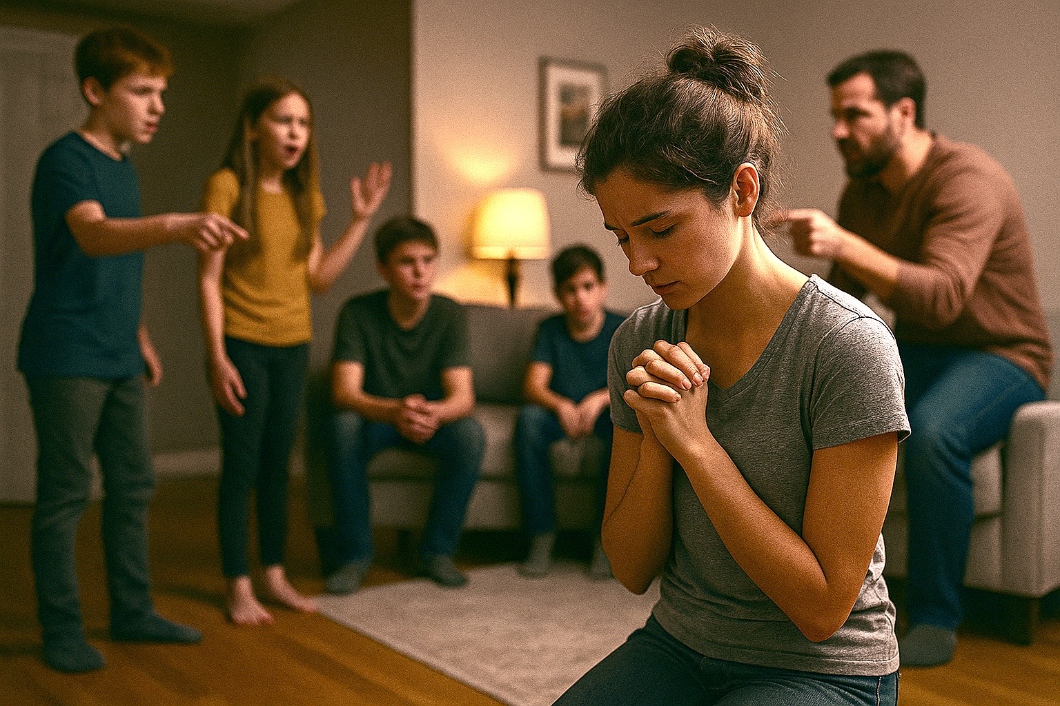 Femme en prière au sol, entourée de sa famille qui lui reproche ses actes, symbolisant le rejet, l’humilité et le chemin du rachat.