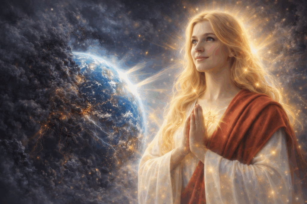 Ashtari, femme lumineuse de la légion de Jésus priant, irradiant une lumière dorée qui dissipe les ténèbres autour de la planète Terre, symbolisant la purification spirituelle et la victoire de la Lumière sur l’ombre.