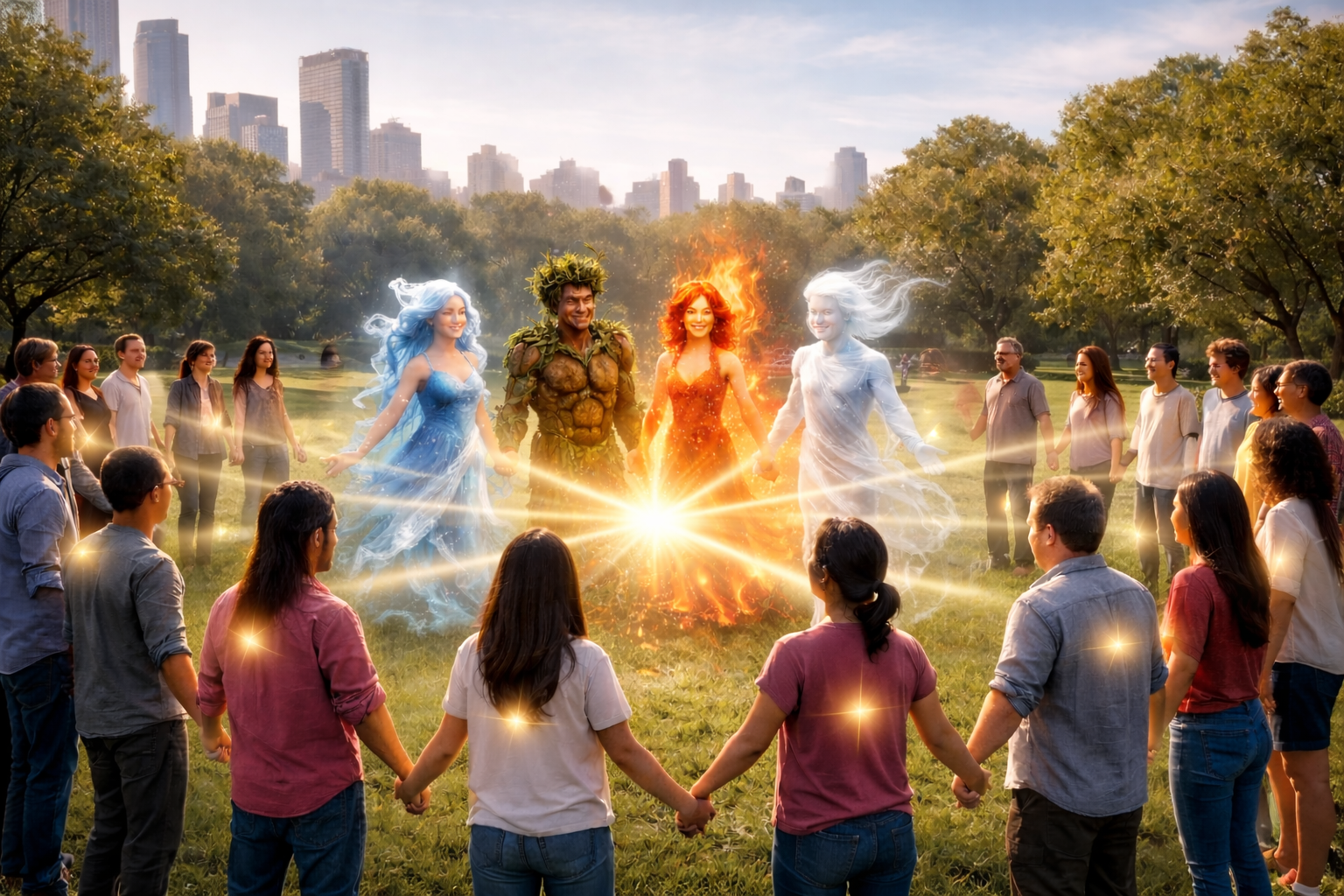 Un groupe de personnes se tenant la main en cercle dans un parc urbain verdoyant, envoyant de fins rayons de lumière dorée depuis leur cœur vers les quatre éléments personnifiés — eau, terre, feu et air — réunis au centre, symbole d’unité et d’harmonie entre l’humain et la nature.