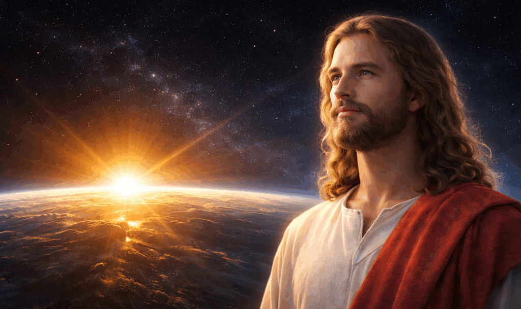 Représentation de Jésus regardant l’horizon de la Terre au lever du soleil, symbole de lumière, d’espérance et de conscience universelle.