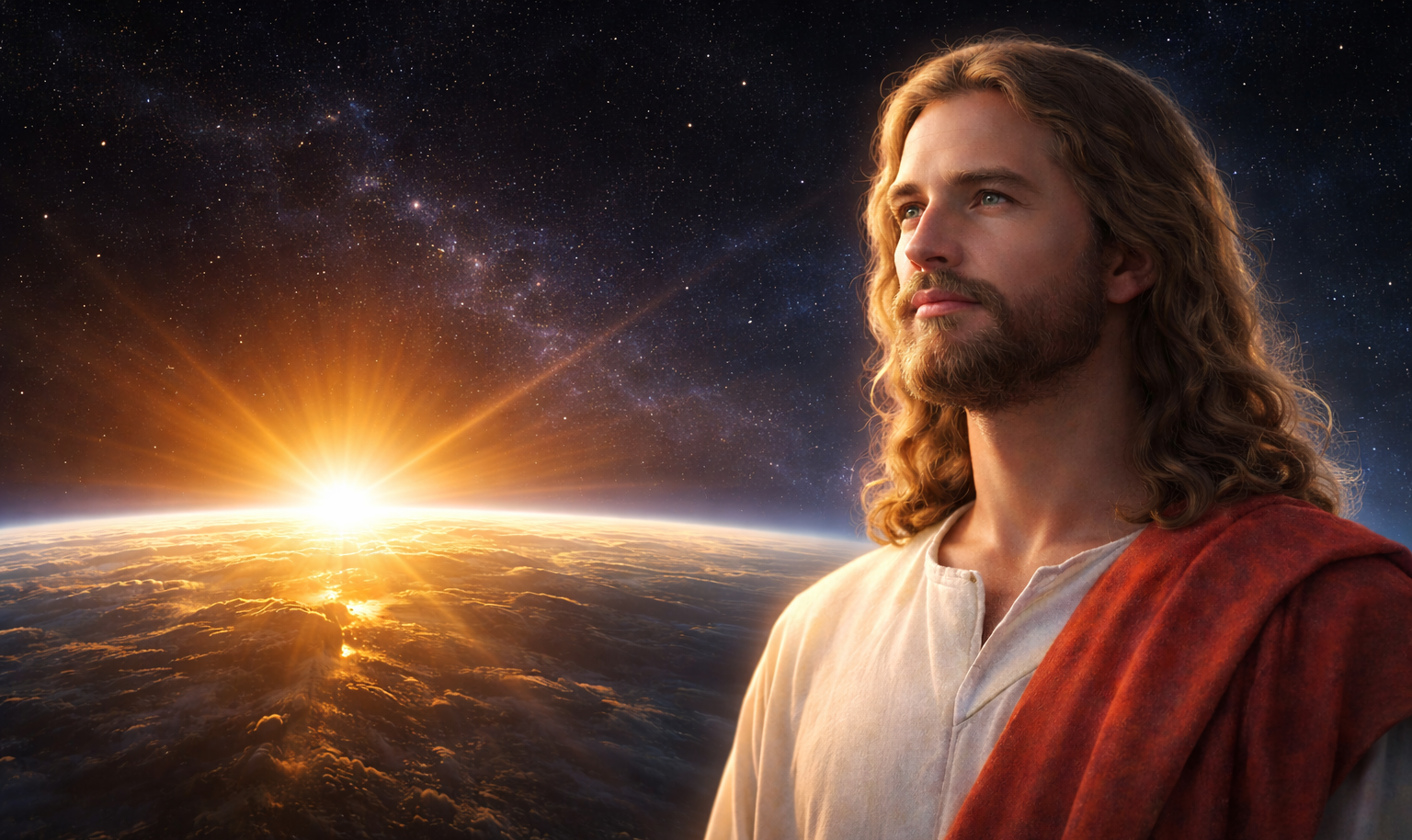 Représentation de Jésus regardant l’horizon de la Terre au lever du soleil, symbole de lumière, d’espérance et de conscience universelle.