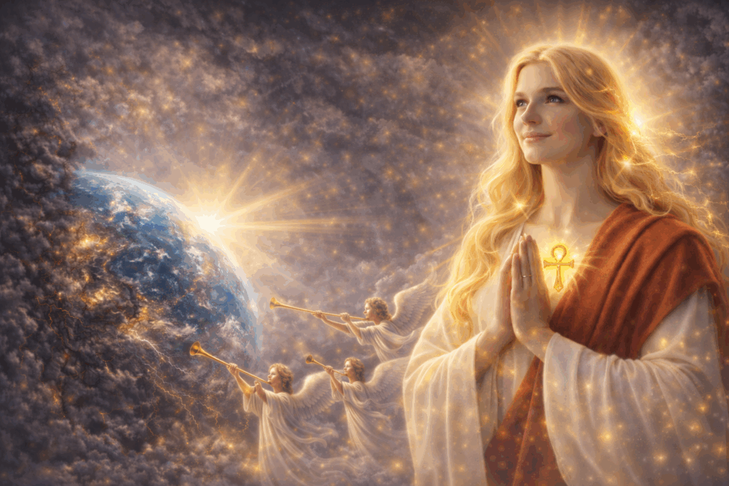 Femme lumineuse en prière portant une croix ankh dorée sur le cœur, devant la Terre entourée de nuages sombres, tandis que trois anges sonnent l’appel céleste avec des trompettes