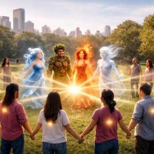 Un groupe de personnes se tenant la main en cercle dans un parc urbain verdoyant, envoyant de fins rayons de lumière dorée depuis leur cœur vers les quatre éléments personnifiés — eau, terre, feu et air — réunis au centre, symbole d’unité et d’harmonie entre l’humain et la nature.