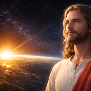 Représentation de Jésus regardant l’horizon de la Terre au lever du soleil, symbole de lumière, d’espérance et de conscience universelle.
