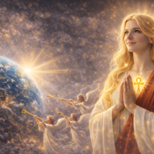 Femme lumineuse en prière portant une croix ankh dorée sur le cœur, devant la Terre entourée de nuages sombres, tandis que trois anges sonnent l’appel céleste avec des trompettes