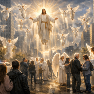 Jésus et les légions célestes apparaissant dans une ville moderne pour enseigner le Christ et la paix aux hommes.