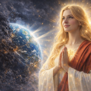 Ashtari, femme lumineuse de la légion de Jésus priant, irradiant une lumière dorée qui dissipe les ténèbres autour de la planète Terre, symbolisant la purification spirituelle et la victoire de la Lumière sur l’ombre.